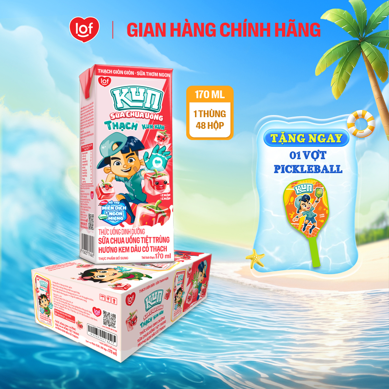 Kun Sữa chua uống hương Kem Dâu có Thạch thùng 48 hộp x 170ml