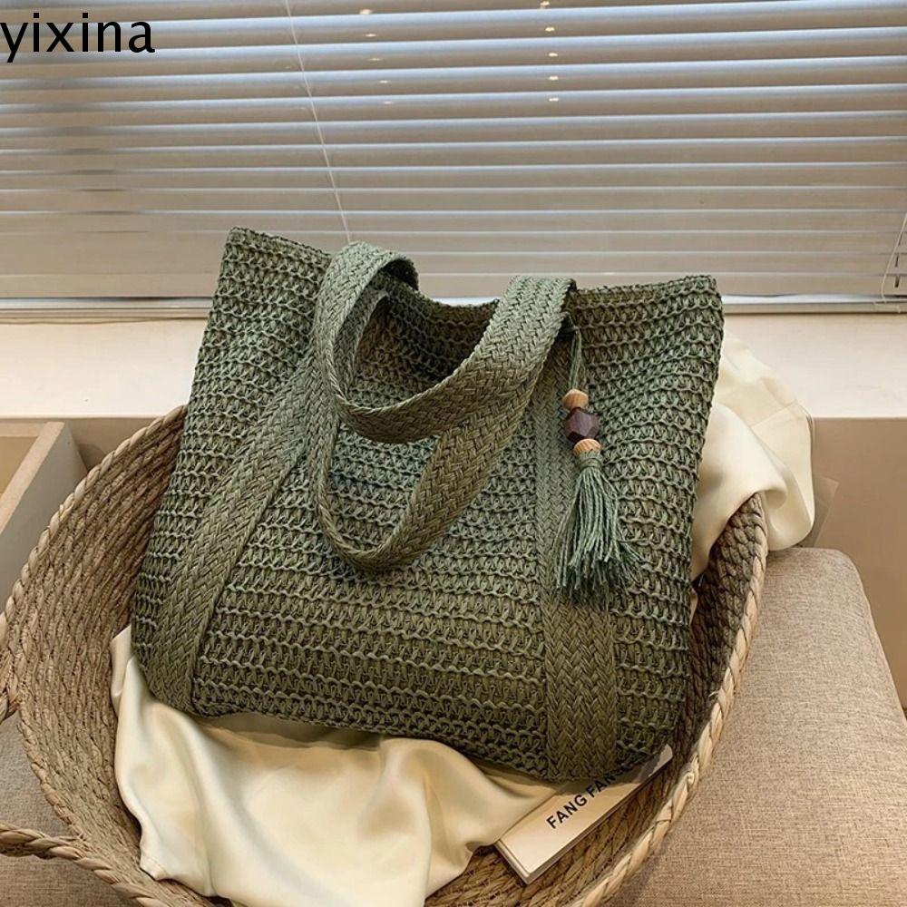 yixina túi đi biển Tua rua Túi tote dệt Sức chứa lớn Túi mua sắm Túi xách rơm đi biển mùa hè Đơn giản Túi xách Túi Đeo Vai Phong Cách Bohemian Bé gái