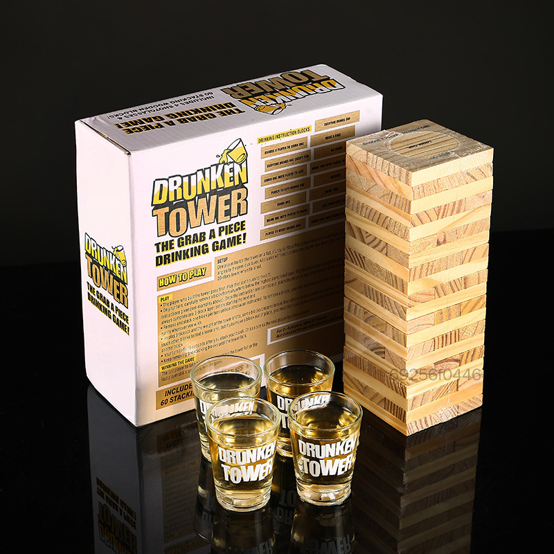Bộ trò chơi uống rượu Jenga bằng gỗ với 60 khối in và 4 cốc uống nước dành cho bữa tiệc vui nhộn Họp