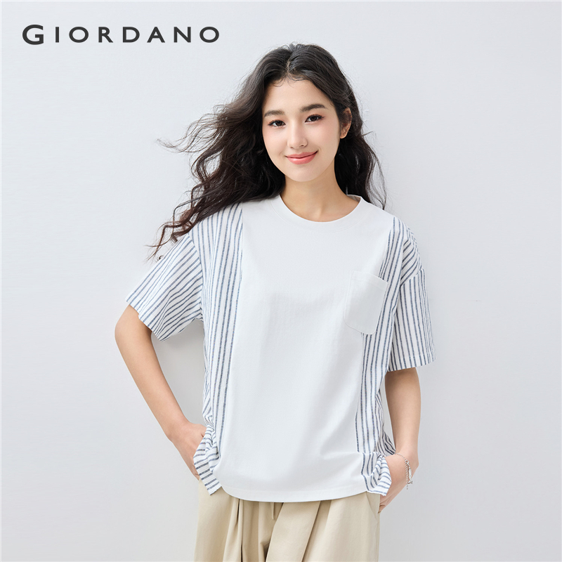 Giordano Women 【Online Exclusive】Women's Pure Cotton Knitted Color-Blocked Striped Loose Crew Neck Short Sleeve T-Shirt. Free Shipping 18325504 ราคา 949 บาท*ส่งฟรี