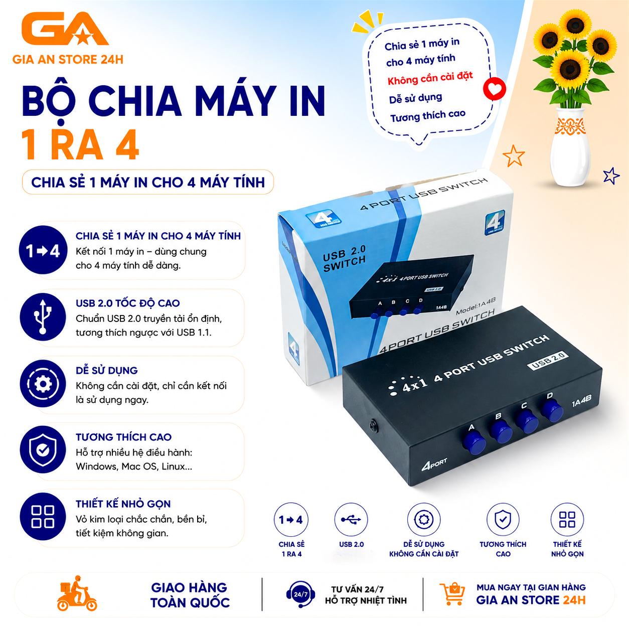 Bộ Chia Máy In 1 Ra 4  – Chia Sẻ Máy In Cho 4 Máy Tính