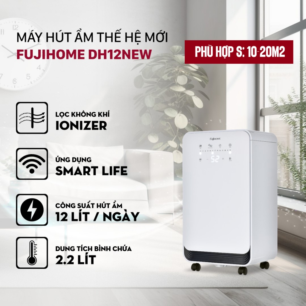 Máy hút ẩm 12L/ngày bằng máy nén Block lọc không khí FUJIHOME DH12NEW kết nối Wifi Nhập Khẩu 40m2 ph