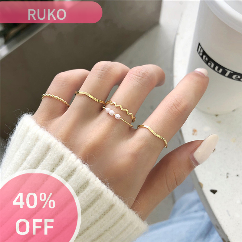 RuKo 5 cái bộ đồ trang sức thời trang Nhẫn Set kim loại Hollow Vòng mở phụ nữ Nhẫn ngón tay cho cô gái Lady bên Quà tặng đám cưới