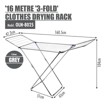 HOUZE- 1.6 Metre '3-Fold Wing' Clothes Drying Airer Rack (Grey)