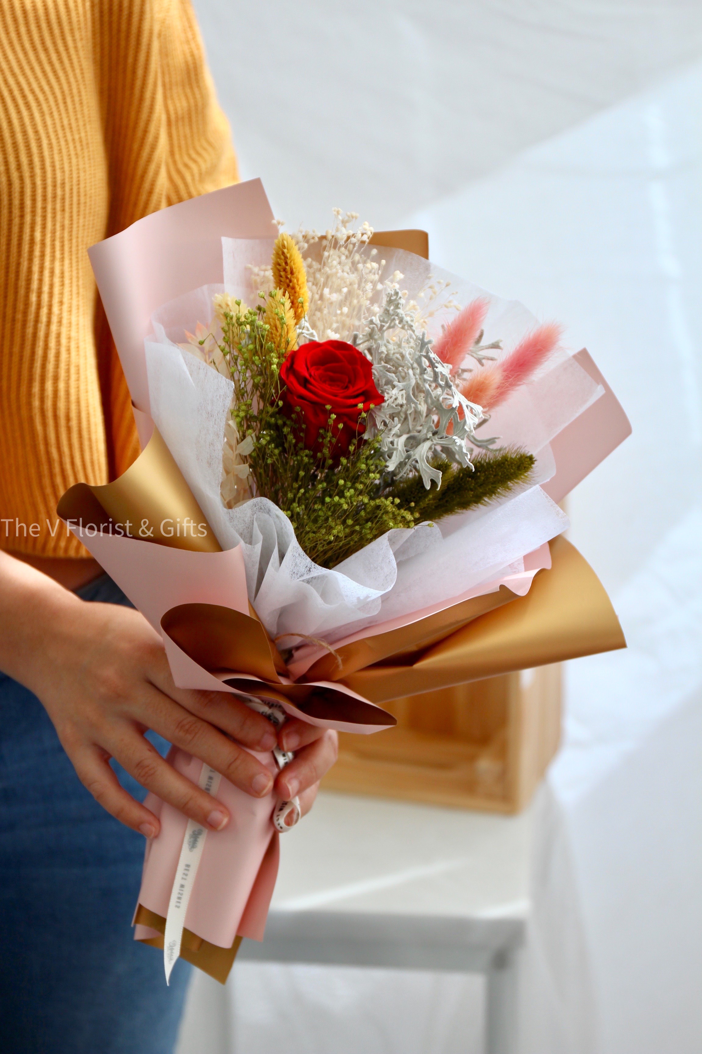 preserved red single rose bouquet