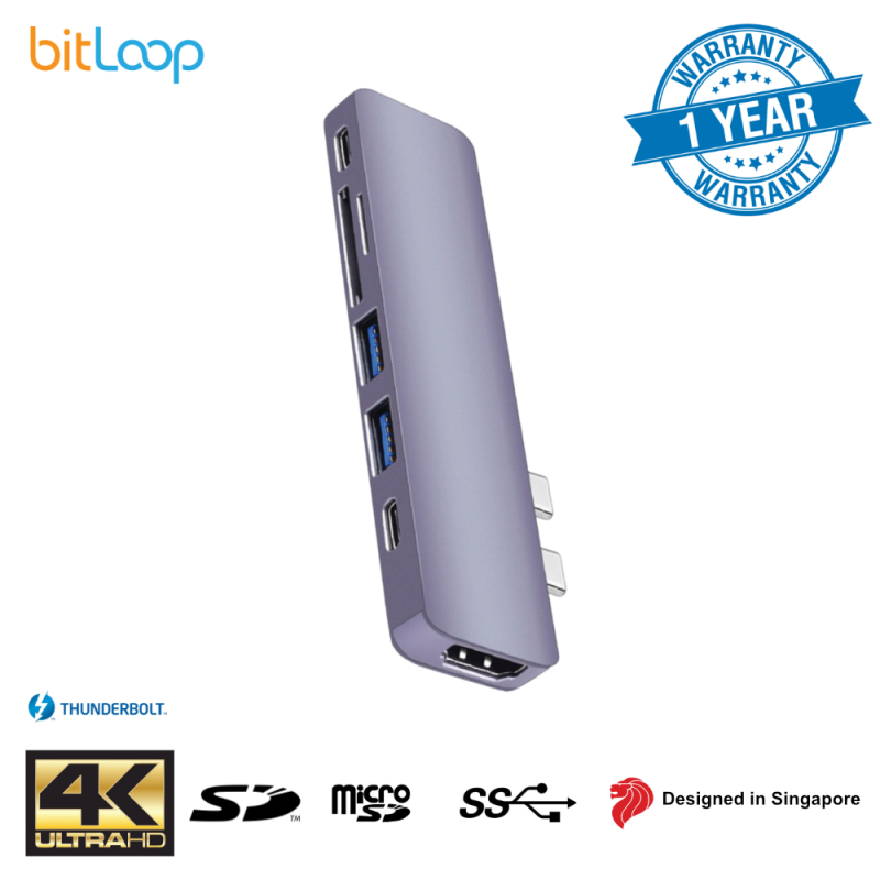 BitLoop Dual USB C 7 Port Hub for MacBook Pro/Air (Thunderbolt 3, USB C, HDMI 4K, 2 x USB 3.0)