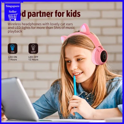 Cute LED Cat Ear Macarons Color Wireless Bluetooth Headset Music Party Over-Ear Headphones Stereo Sound Built-in Microphone Support TF Card & Aux for Kids Online Learning Noise Cancelling Headphones Bluetooth Headset with Microphone for Phones