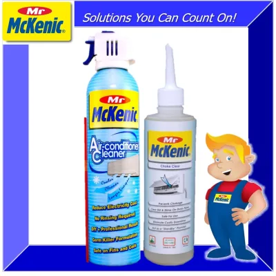 Mr McKenic®- Air-Con Cleaner + Choke Clear [Twin Pack] Hassle-free DIY air-con cleaning. Anti-Bacterial formula. Safe on air-con fins and coils. Improves Cooling Efficiency of air-conditioners. Trusted Brand made in Singapore.