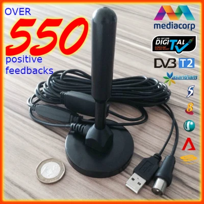 Digital TV Antenna (3 meter cable length, 30 DBI, DVB-T2, DTV, USB Powered, Active Indoor, IEC connector, UHF, Black)