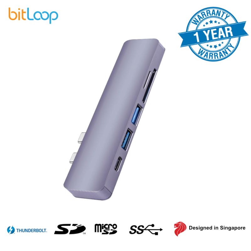 BitLoop Dual USB C 5 Port Hub for MacBook Pro/Air (Thunderbolt 3, SD/MicroSD, 2 x USB 3.0)