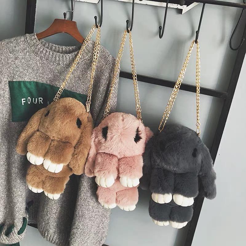 Premium Fur Bunny Rabbit Backpack Bag Cross Body Fashion Clip Bag Chain Accessories Toy Birthday Gift Present Children Baby Toddler Kid Women Men Cute Huggable Plush Compartment Keychain Travel Girls Boys Gold Removable and Strap