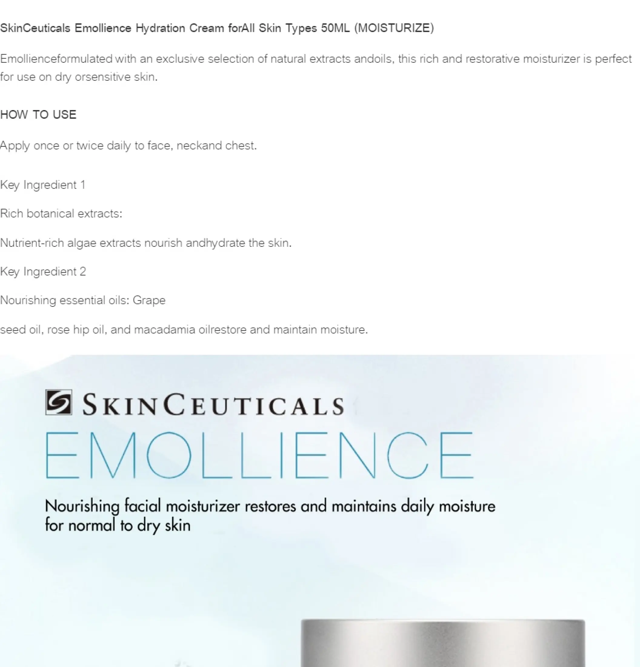 skinceuticals emollience ingredients