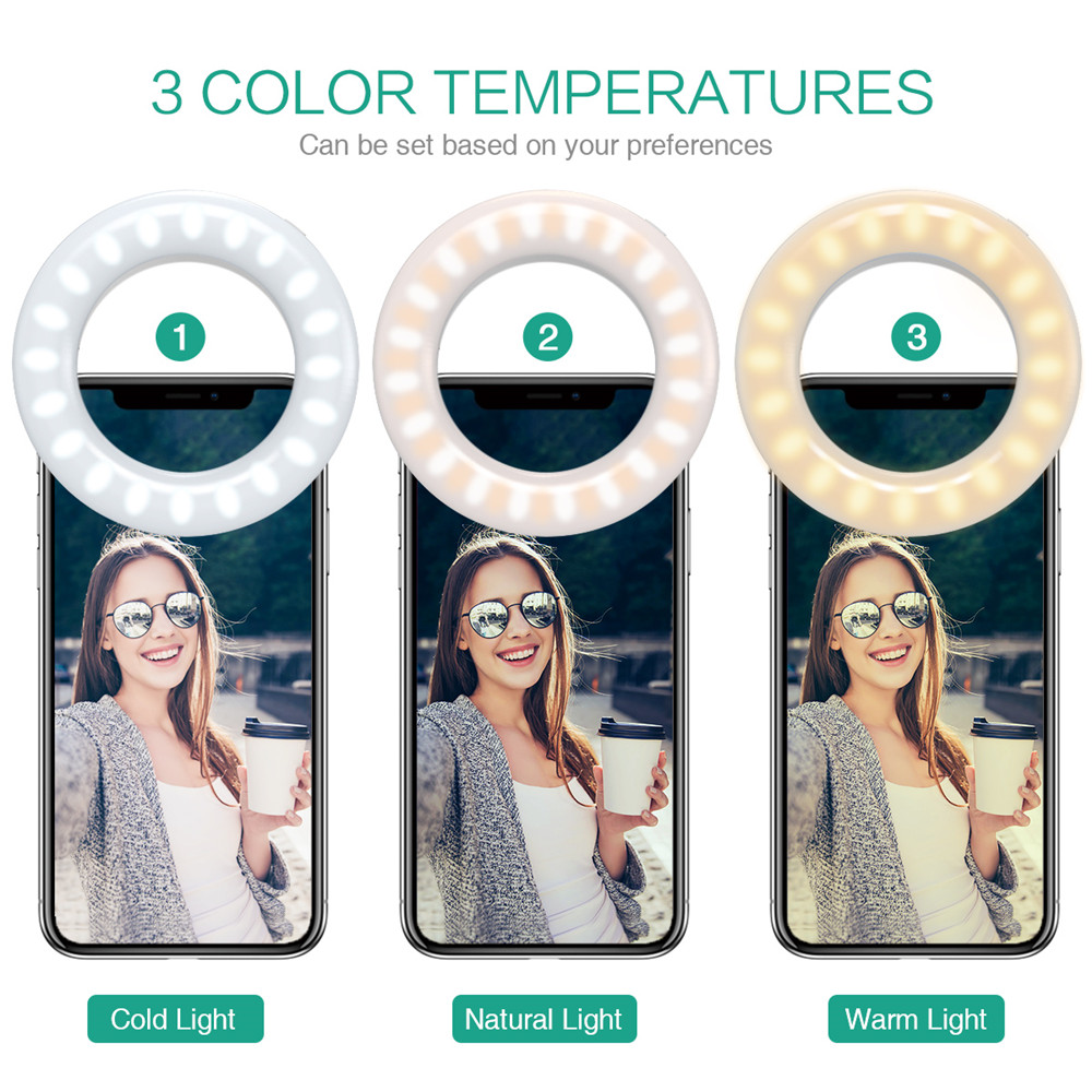 ORIA Clip-on LED Camera Light Other Smartphone Rechargeable Fill-Light Selfie Ring Light 3-Level Adjustable Brightness On-Camera Video Light for iPhone Samsung Tablets etc