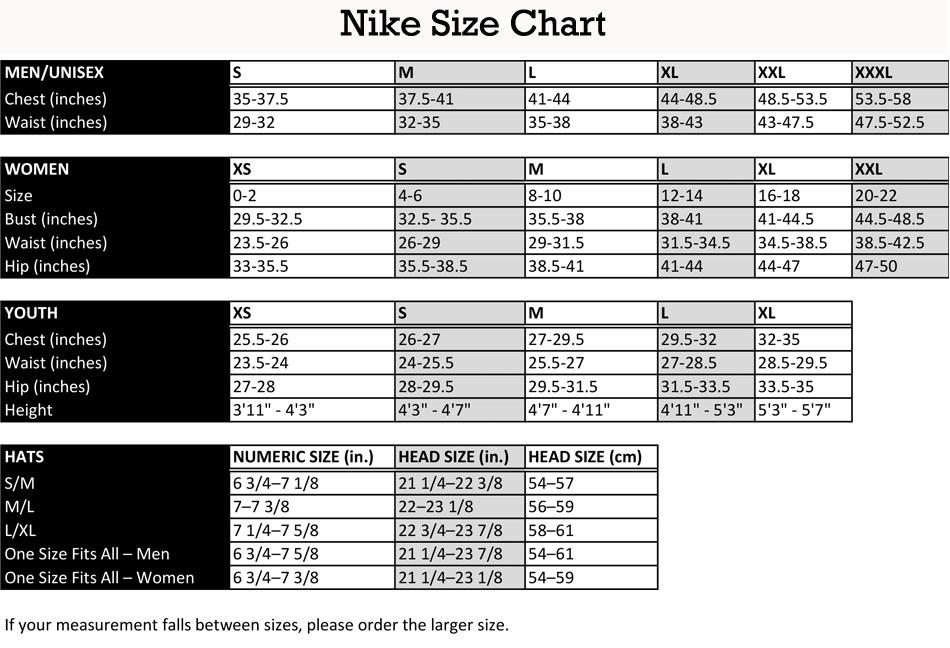 nike fit size chart