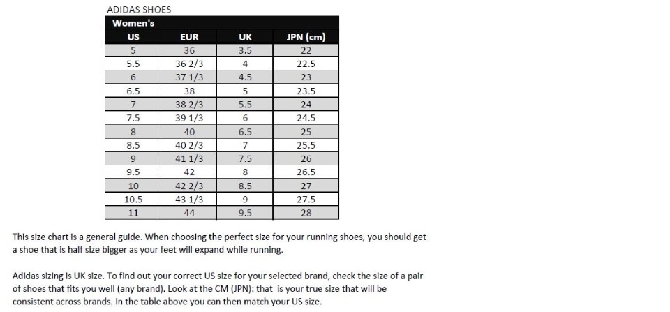 Adidas Size Chart Shoes Womens