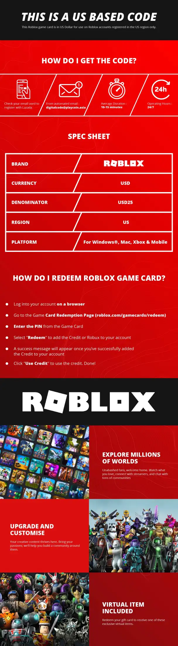 Instant Email 24 7 Roblox Game Card Us Region Usd 25 Playcoin Lazada Singapore - where to buy roblox gift cards in singapore