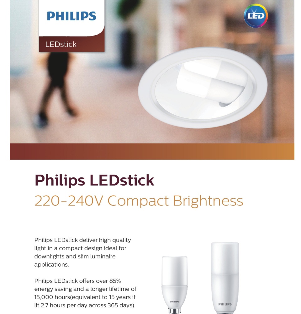 Philips LEDstick deliver high quality light in a compact desin ideal for downlights and slim luminaire applications. Philips LEDstick offer over 85% energy saving and a longer lifetime of 15,000 hours.