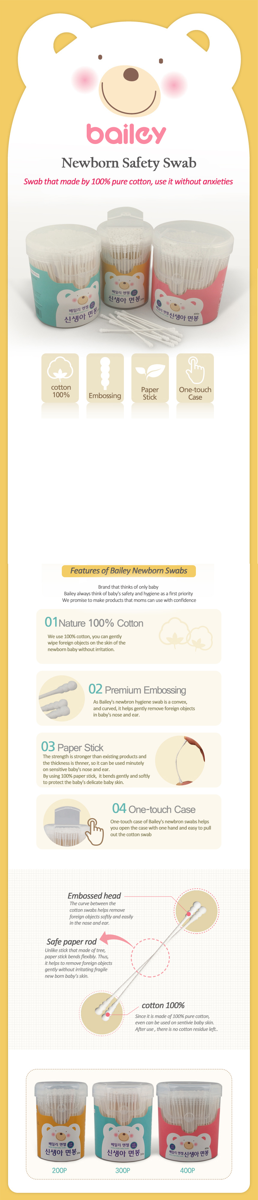 Bailey Newborn Baby 100% Cotton Swabs does not irritate the skin because the stick is made of paper.