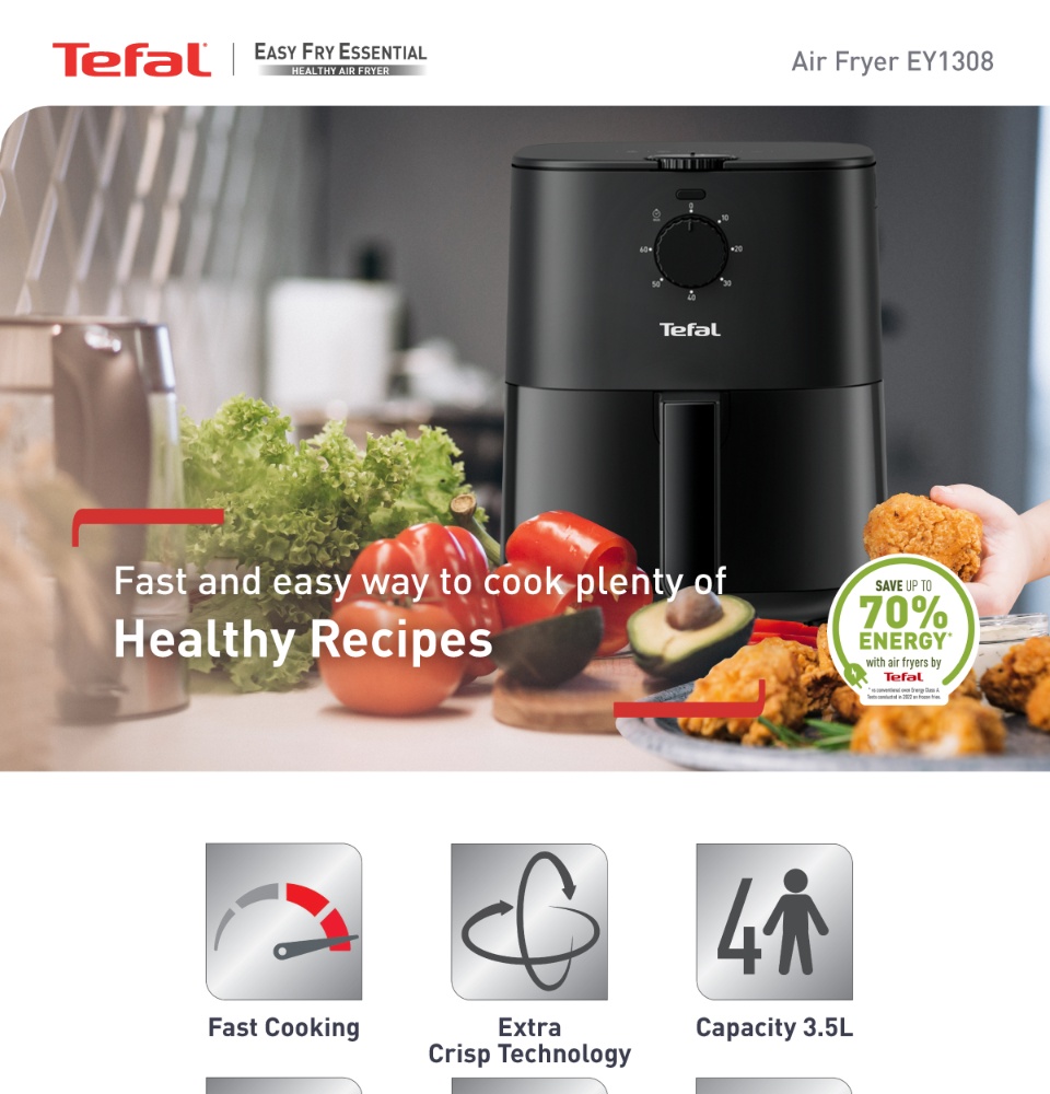 Air | & efficient 3.5L - EY1308 Lazada Fryer Fry, Healthy Bake, Air Fast 4-in-1 technology, Fry Tefal Singapore Roast, Compact Hot Easy Grill, energy