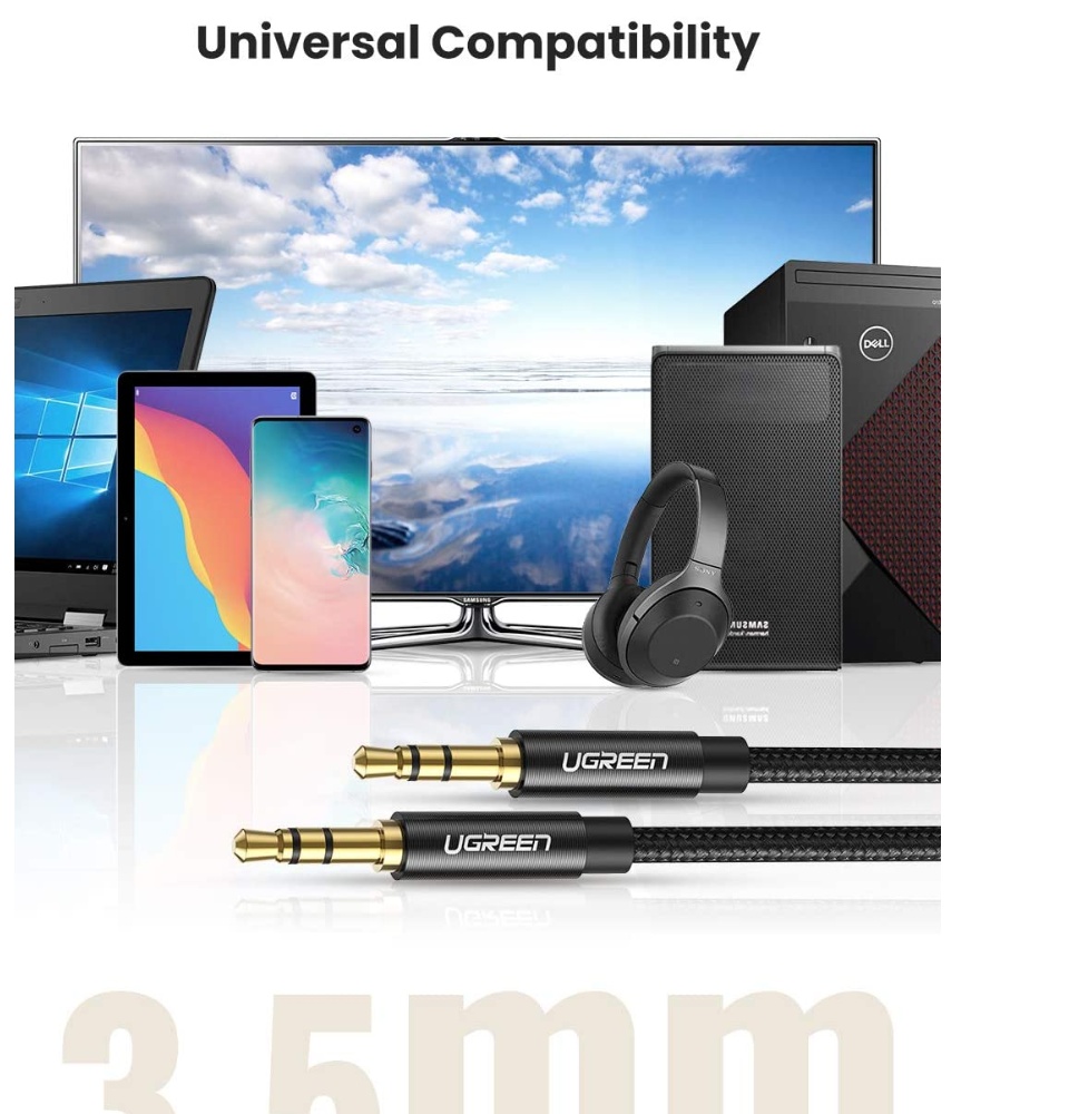 3.5mm Male to Male Stereo Audio Cable Enhance your audio options with this versatile Ugreen 3.5mm male-to-male stereo audio cable. From iPhones to iPads, the cable quickly connects your smartphone, MP3 player, tablet, or other portable audio device with a 3.5mm audio jack (e.g. headphone jack) to the AUX-in port of your car stereo, portable speaker, or other compatible audio-output device. Let the Fun Begin Playlists, podcasts, and compelling audio books help make any road trip more memorable. Listen to content from your portable device over your car's stereo system using the Ugreen 3.5mm stereo audio cable. The handy cable also makes dinner parties and backyard barbecues even better with music from your MP3 player or other portable device played over your home entertainment system or portable speakers. The cable transmits audio in stereo format for a sublime surround-sound experience. High-Quality Design With a 10000+ bend lifespan several times longer than original audio cables, premium metal housing and durable, flexible cotton yarn internally, high quality TPE material and nylon braid externally, this cable really is made to last. Convenient Compatibility To use, simply plug each end of the cable into the respective port on a compatible device, and it's ready to go. The audio cable works with any device equipped with a standard 3.5mm audio jack or AUX-in port. Your portable device can even be charged while in use, though a separate cable would be required.
