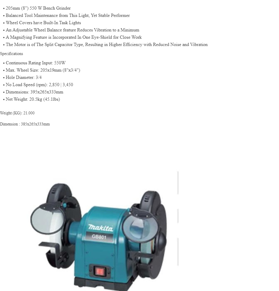 Meuleuse D'établi Makita GB801 – 200 Mm (8") – 550 W – Bleue – Neuve