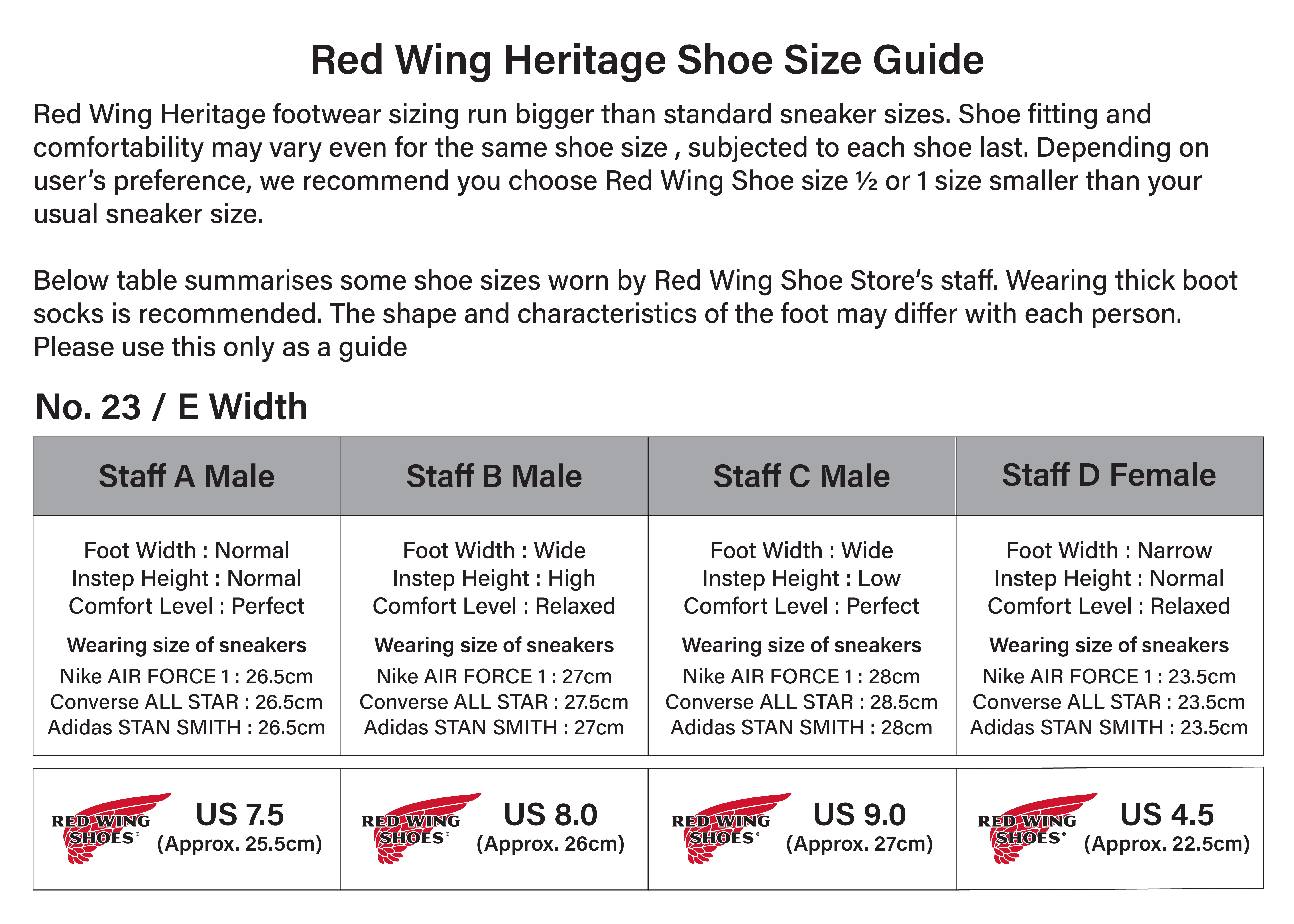 red wing boot width chart