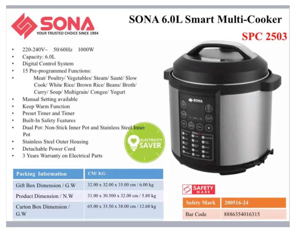 Sona SPC 2503 SPC2503 Smart Multi Cooker 6.0L Lazada Singapore