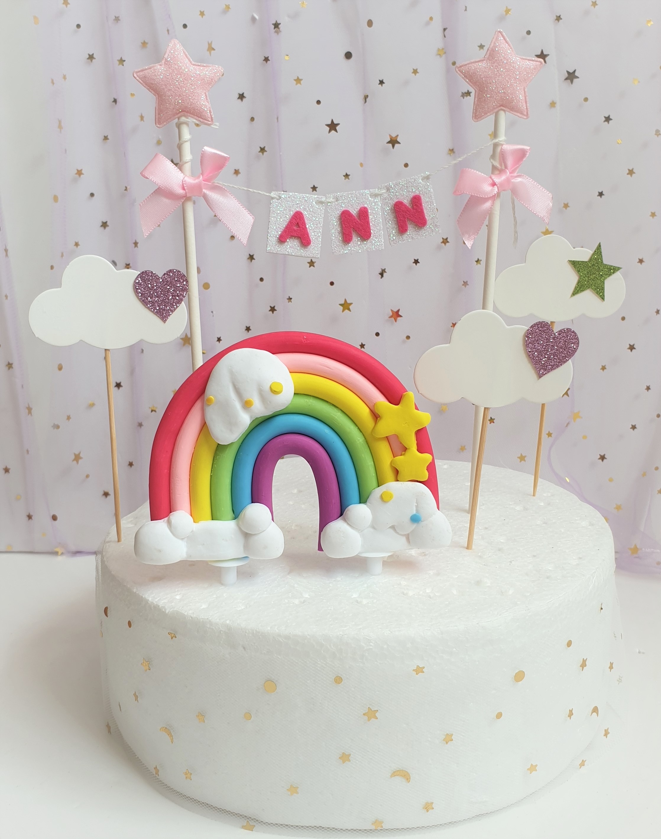 Rainbow And Clouds Cake Topper With Personalised Pink Banner Cake