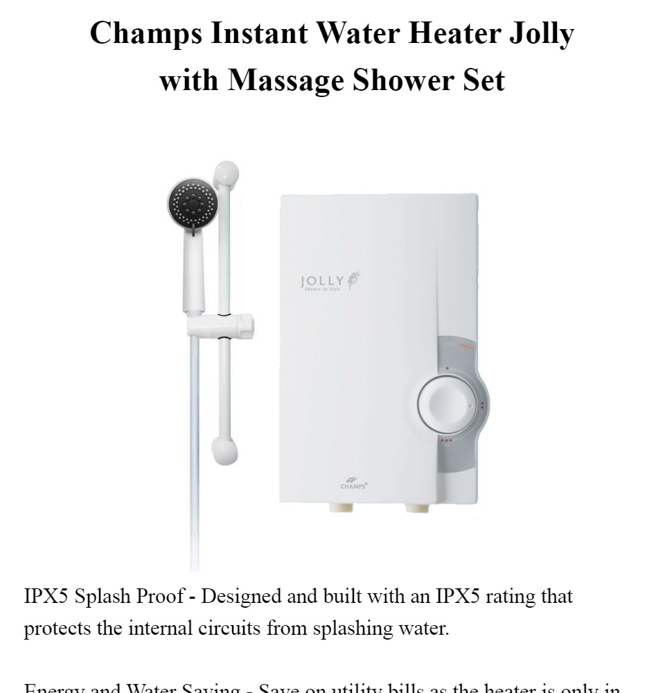 Champs Instant Water Heater Jolly with Massage Shower Set - Simple and Easy  to Use Water Temperature Selector | Lazada Singapore