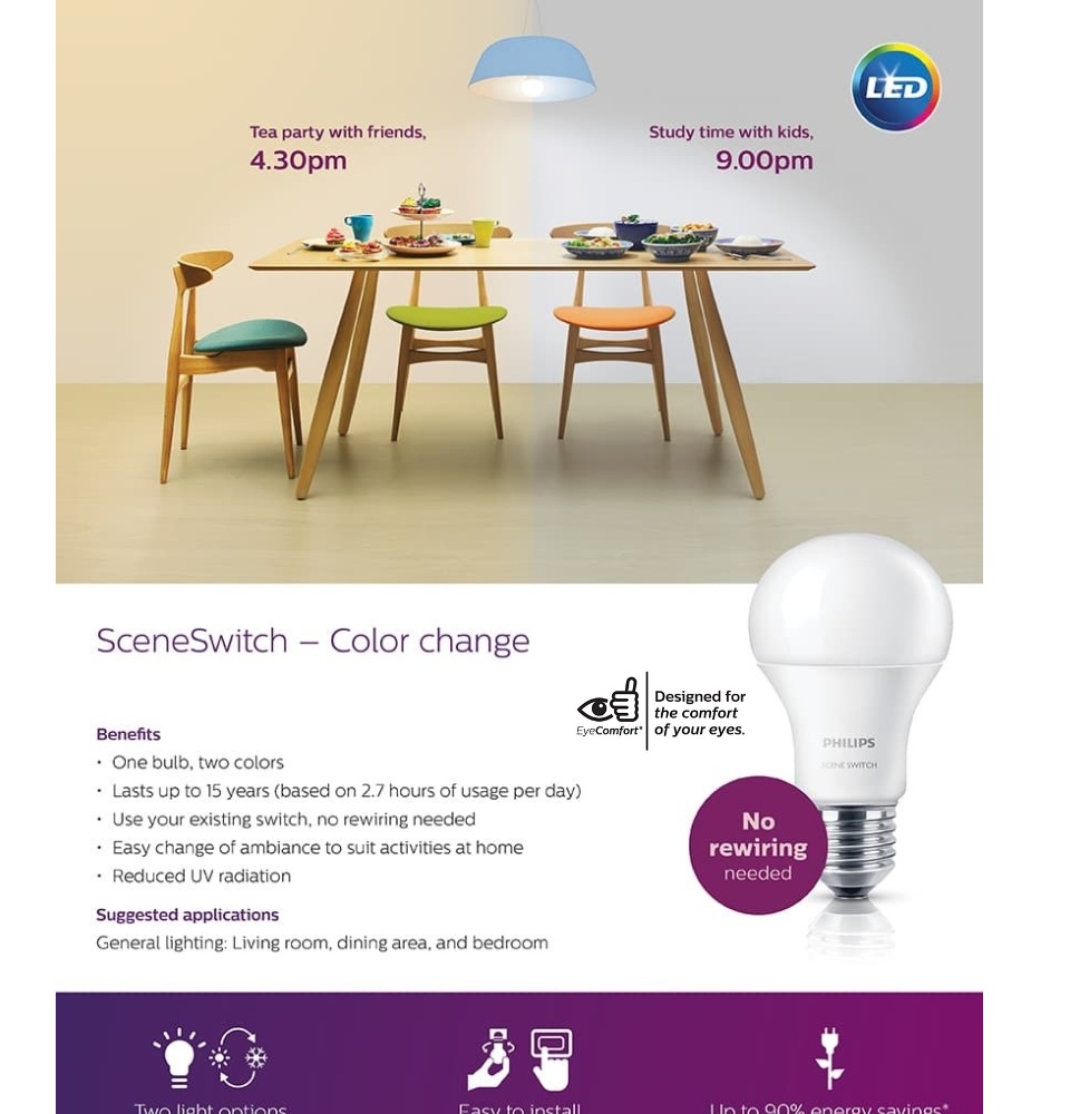 Switch light settings without switching bulbs Works with your existing switch Philips Scene Switch 8W 2 Colour temp: 30K AND 65K. Easy to install - no rewiring.