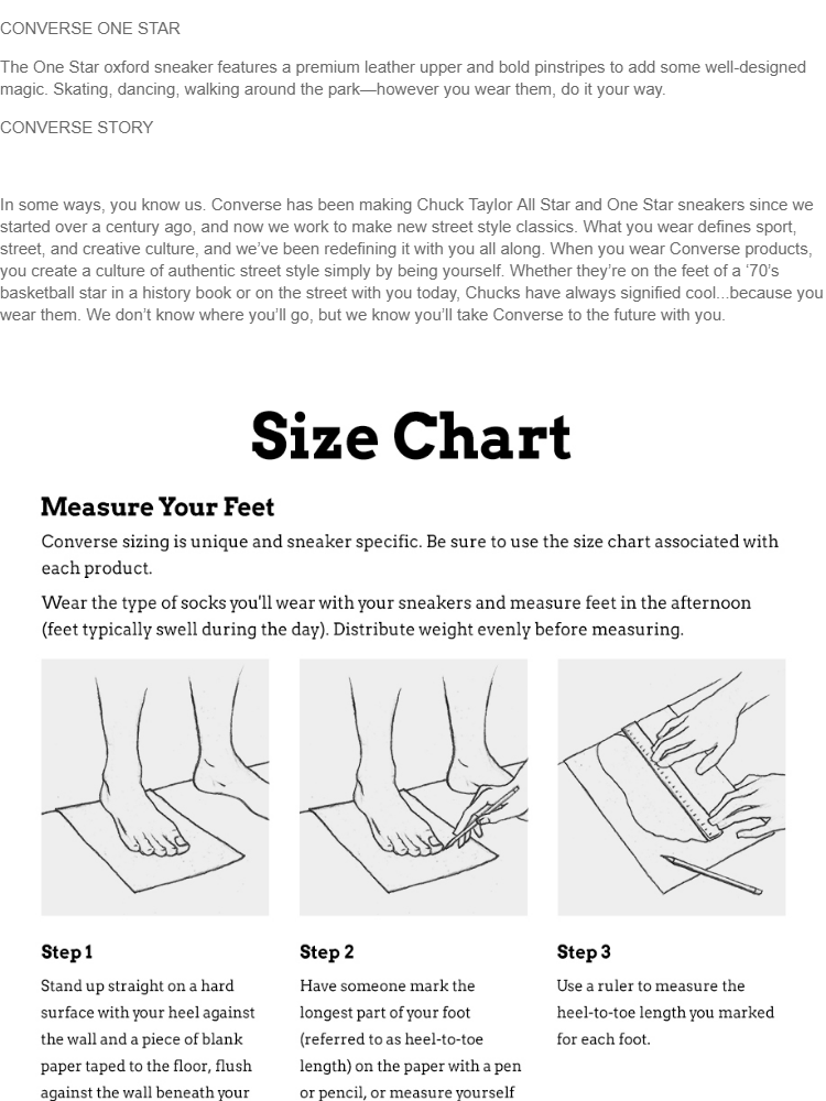 size chart converse one star