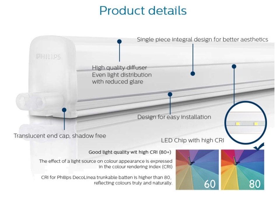 High quality diffuser, even light distribution with reduced glare. LED Chip wit high CRI (80+)