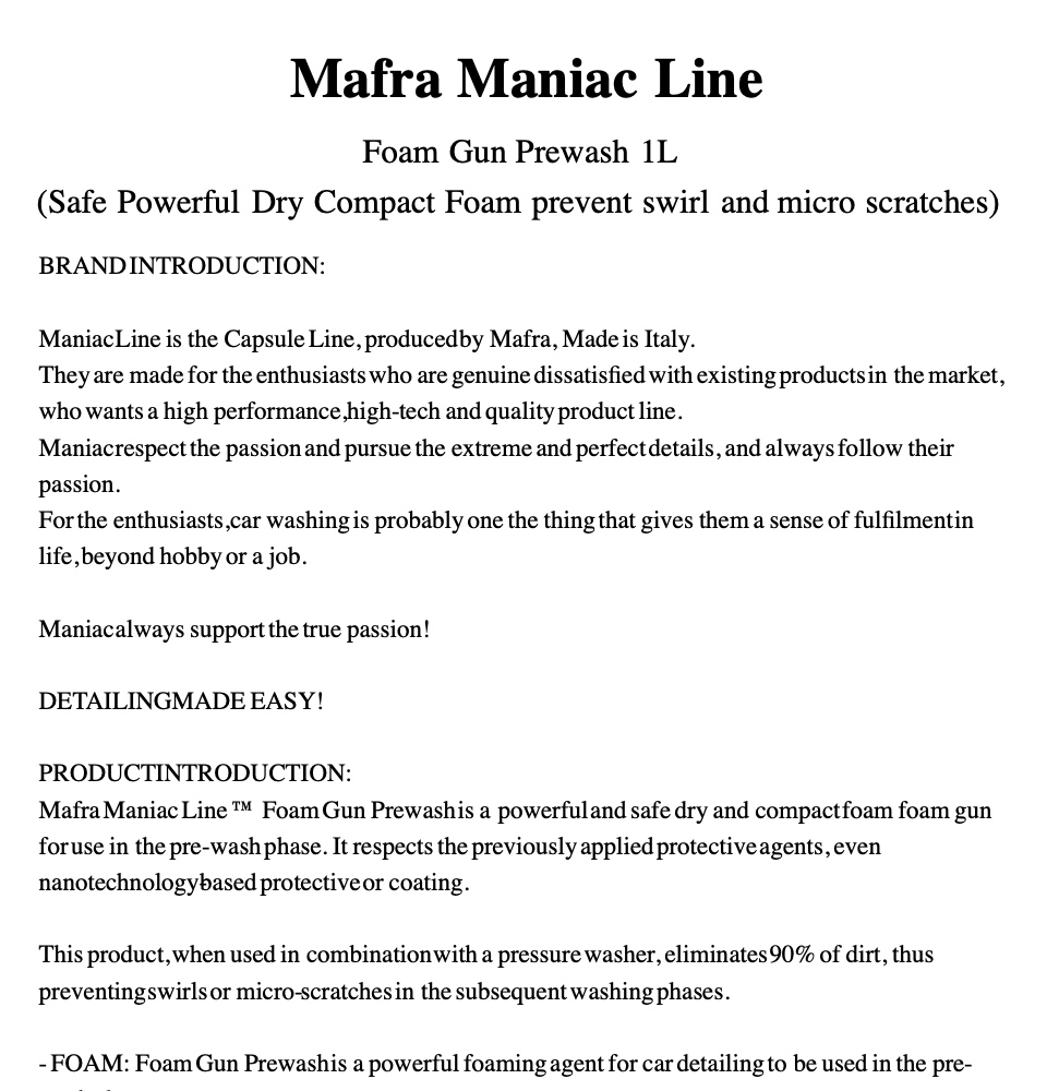 Mafra Maniac Line Foam Gun Prewash 1L (Safe Powerful Dry Compact Foam