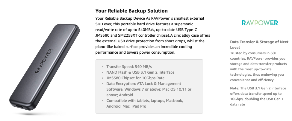 Up to 540MB//s NAND Flash /& USB 3.1 Gen 2 Interface ATA Lock RAVPower Mini External SSD Hard Drive 512GB Portable SSD USB-C Solid State Flash Drive