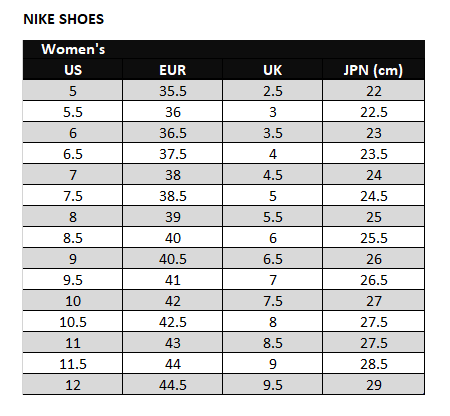 Nike Free Rn Size Chart