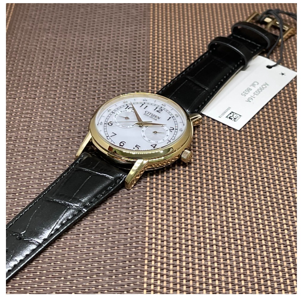 Citizen Eco-Drive AO9003-16A Rose Gold Analog Black Leather Strap