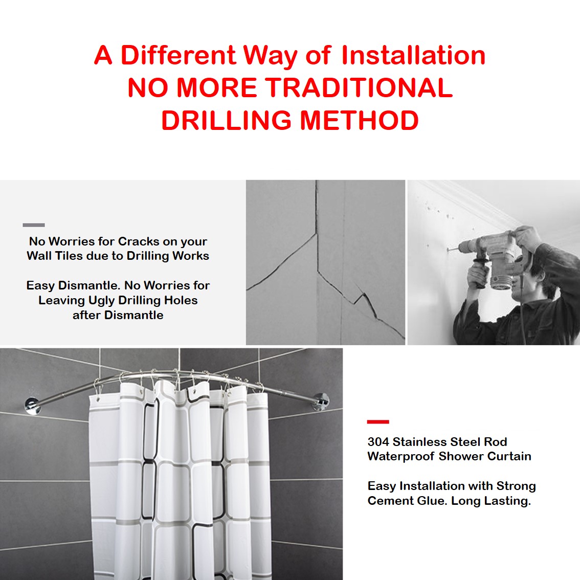Local Ready Stock Shower Curtain U Shape Rod Drilling Non