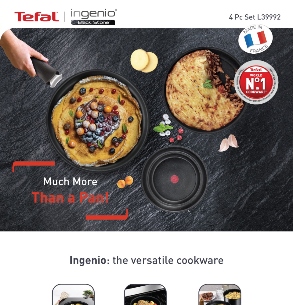 Tefal Ingenio Black Stone Induction 4pc Set ( 28cm Frypan + 24cm Sautepan +  20cm Saucepan + Handle ) L39992